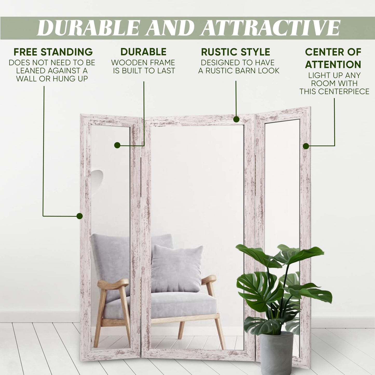 Houseables Trifold Mirror Full Length, 3 Way Mirror, Floor Length, Three Way Folding, Standing, Full Body, Wood Framed, 3 Sided for Bedroom, Makeup, Oversized, Foldable, White, 71 x 32 to 65 Inch