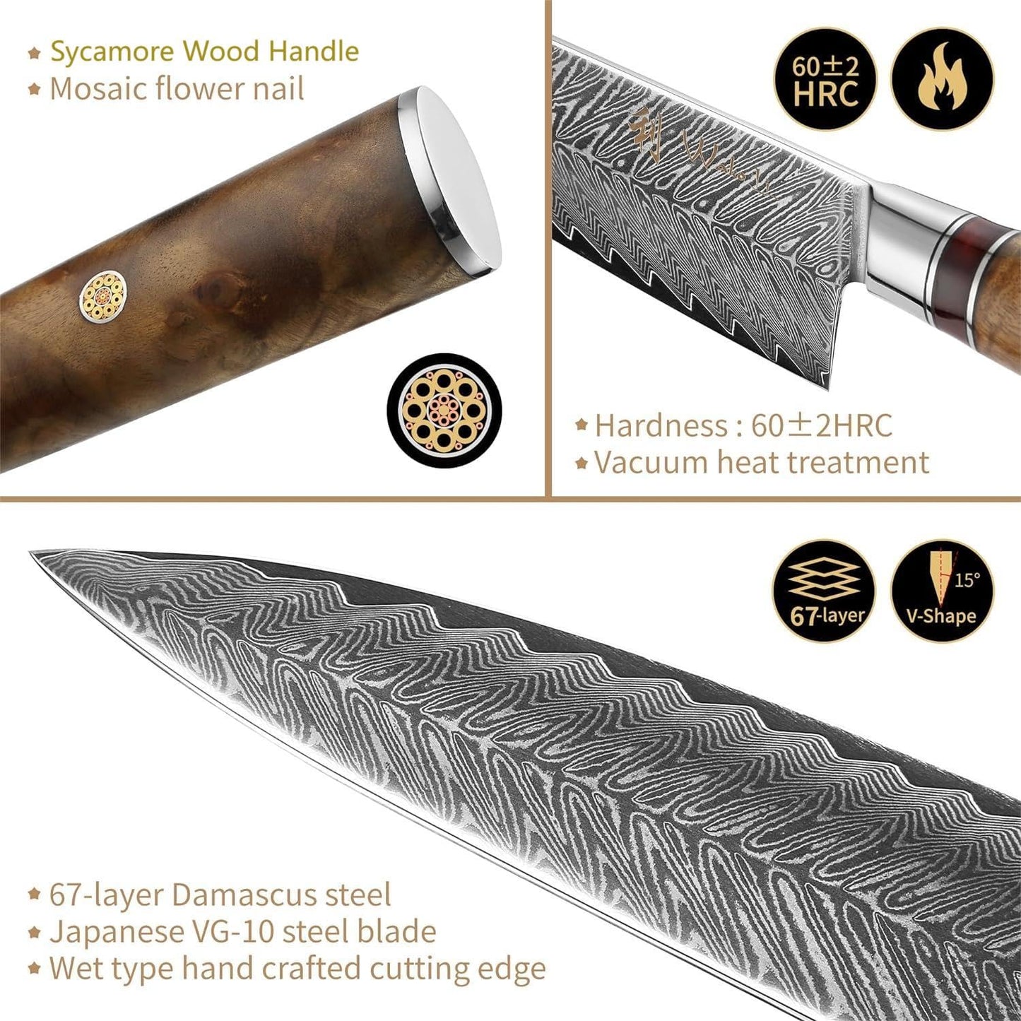 Wakoli Damascus Chef Knife Set with Magnetic Block – 5-Piece Professional Kitchen Knife Block Set, Genuine 67-Layer Damascus Steel Blades with VG10 Core & Ergonomic Sycamore Wood Handles