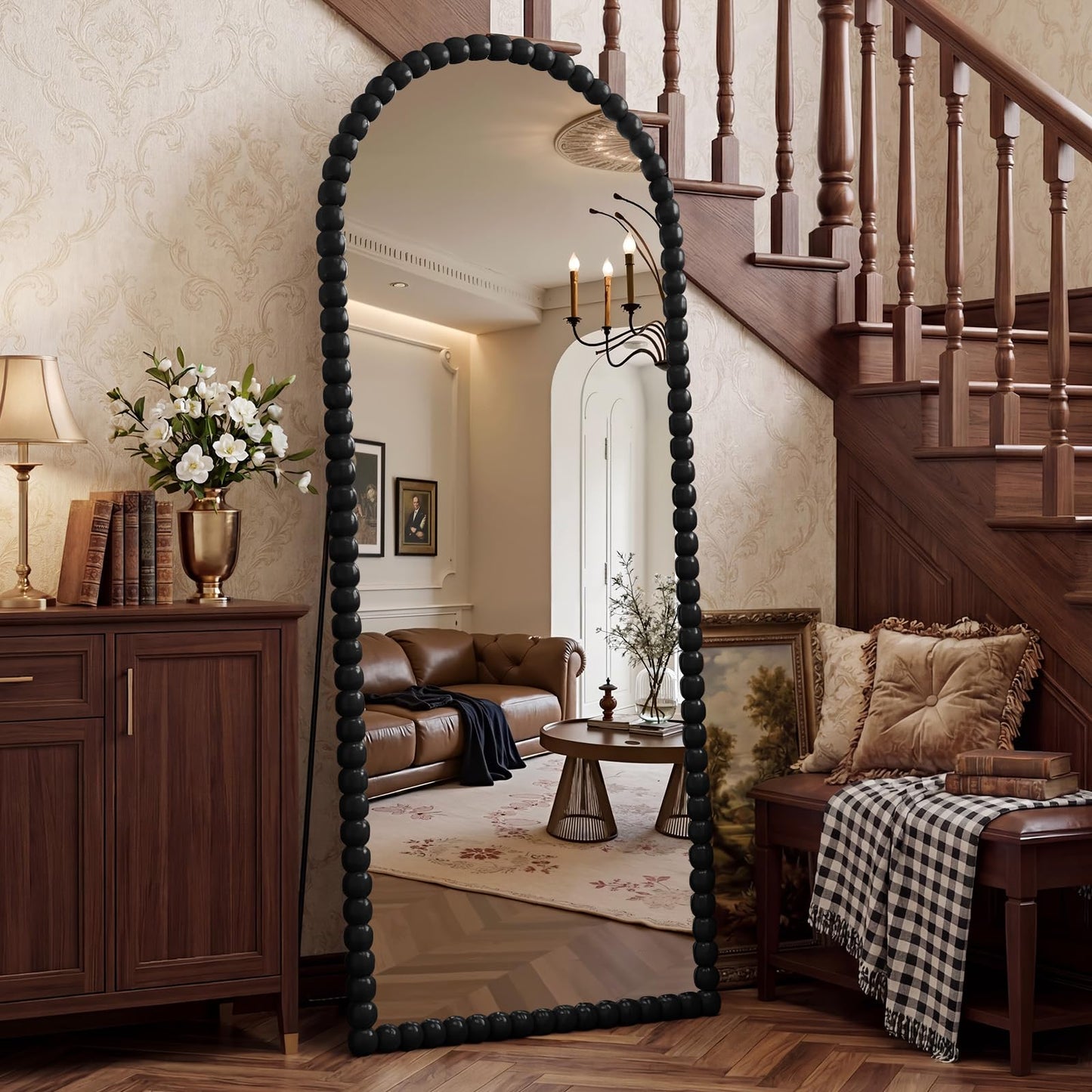 FlyEcho Arched Full Length Mirror, 71"x28" Antique Beaded Full Body Mirrors, Large Floor Mirror with Stand, Hanging Mounted for Bedroom Living Room Cloakroom Hallway Decor, PU Frame, Black