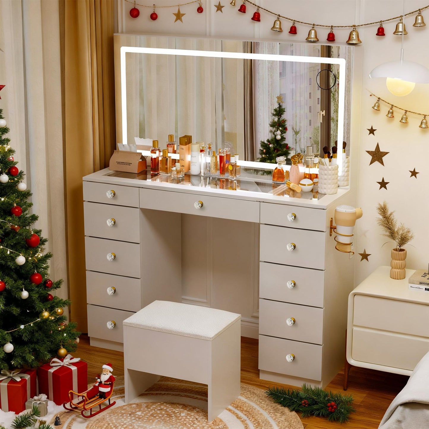 Pamapic Glass Top Makeup Vanity with Crystal Handles, 11 Drawers Vanity Desk with Mirror and Stool, 3 Lighting Modes Dressing Table with Charging Station, White