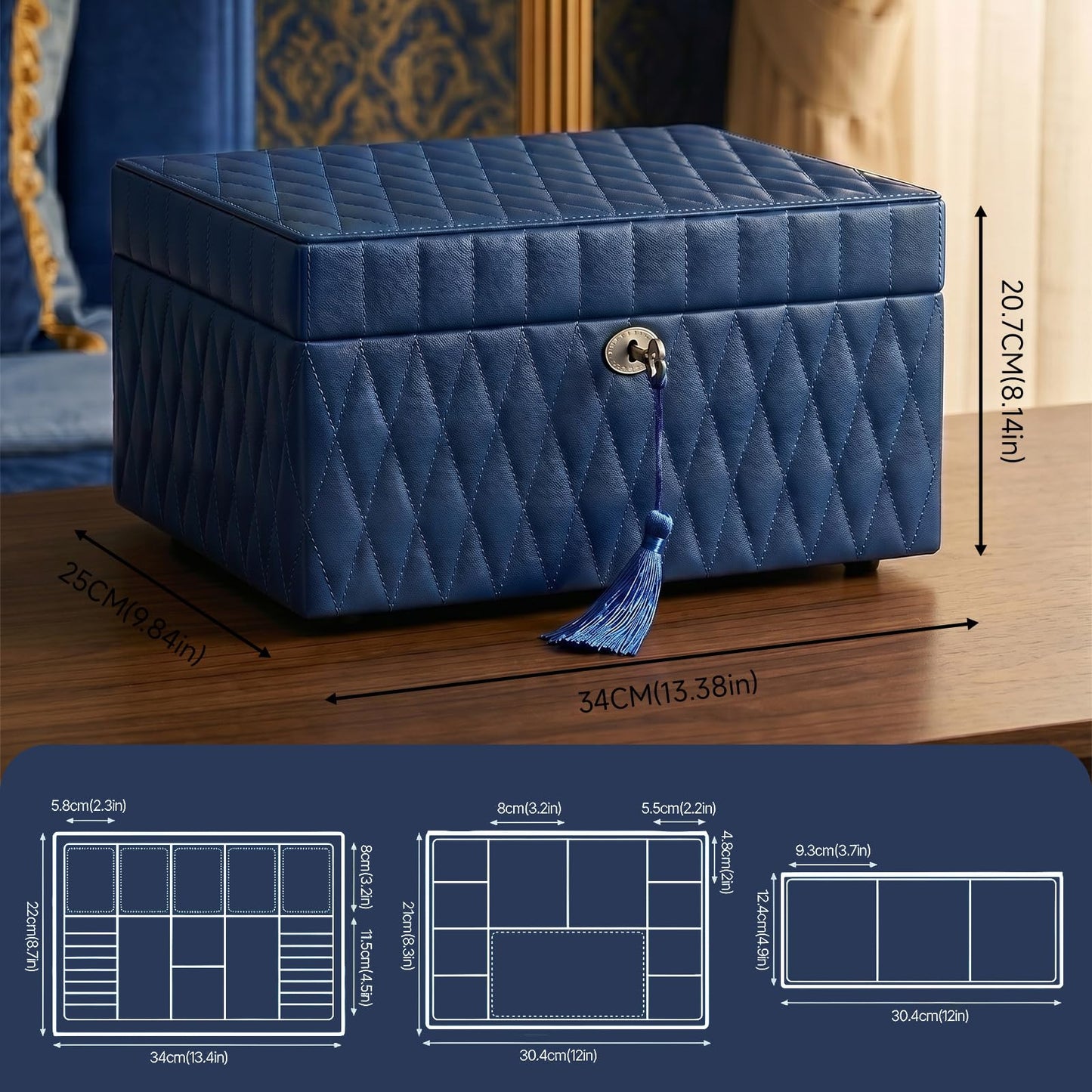 Homruilink Genuine Leather Jewelry Box – 3 Layer Large Jewelry Organizer with Mirror, Lockable Jewelry Box for Women – Necklace, Ring, Earring Organizer with Drawer - Mothers Day Gifts for Mom(Blue)