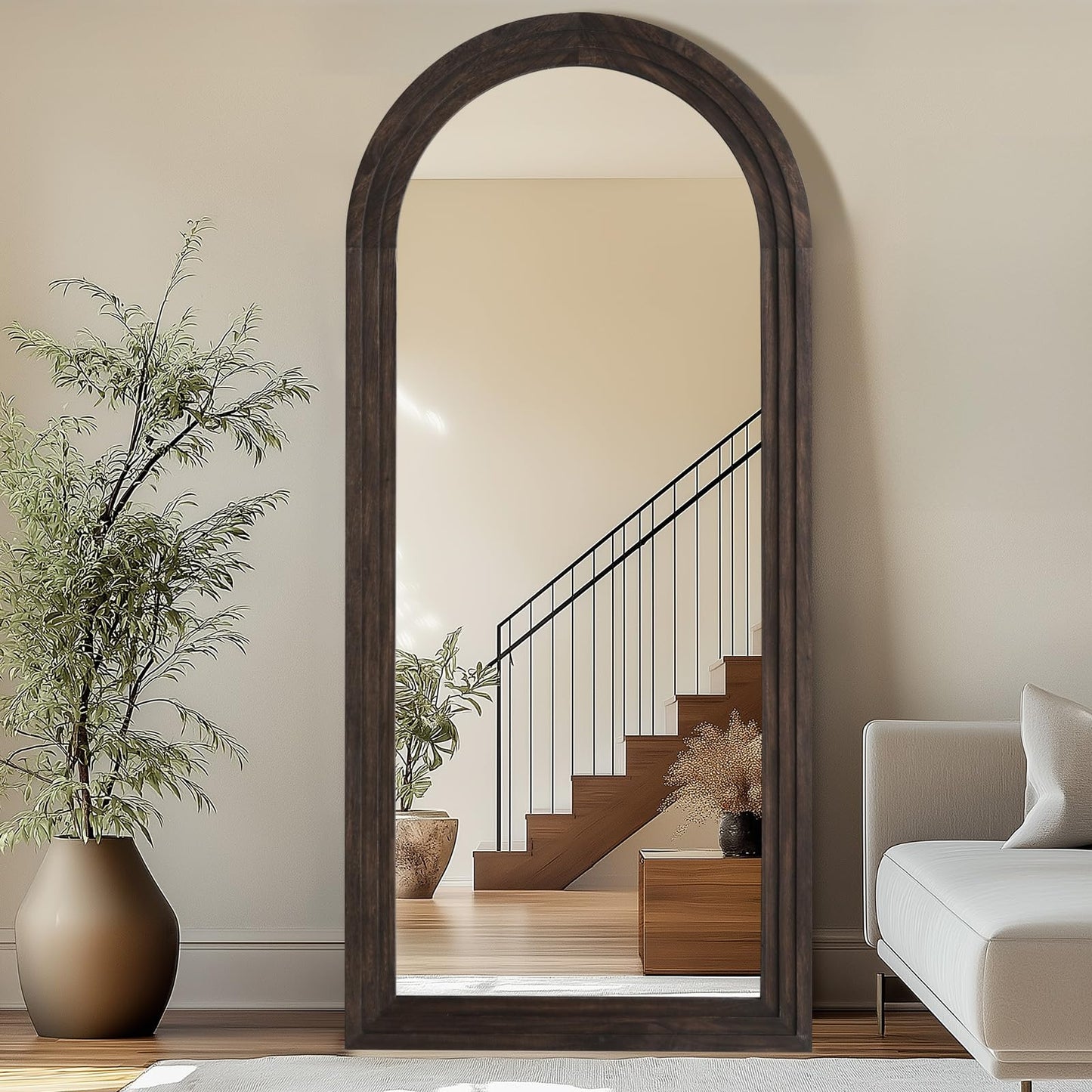 Rustic Standing Full Length Mirror Wood Frame, 71"X32" Large Arched Floor Mirror with Stand, Farmhouse Wood Mirror Full Length for Bedroom Living Room Entryway, Leaning or Wall Mounted, Brown