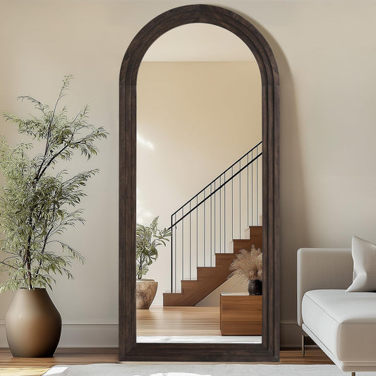 Rustic Standing Full Length Mirror Wood Frame, 71"X32" Large Arched Floor Mirror with Stand, Farmhouse Wood Mirror Full Length for Bedroom Living Room Entryway, Leaning or Wall Mounted, Brown
