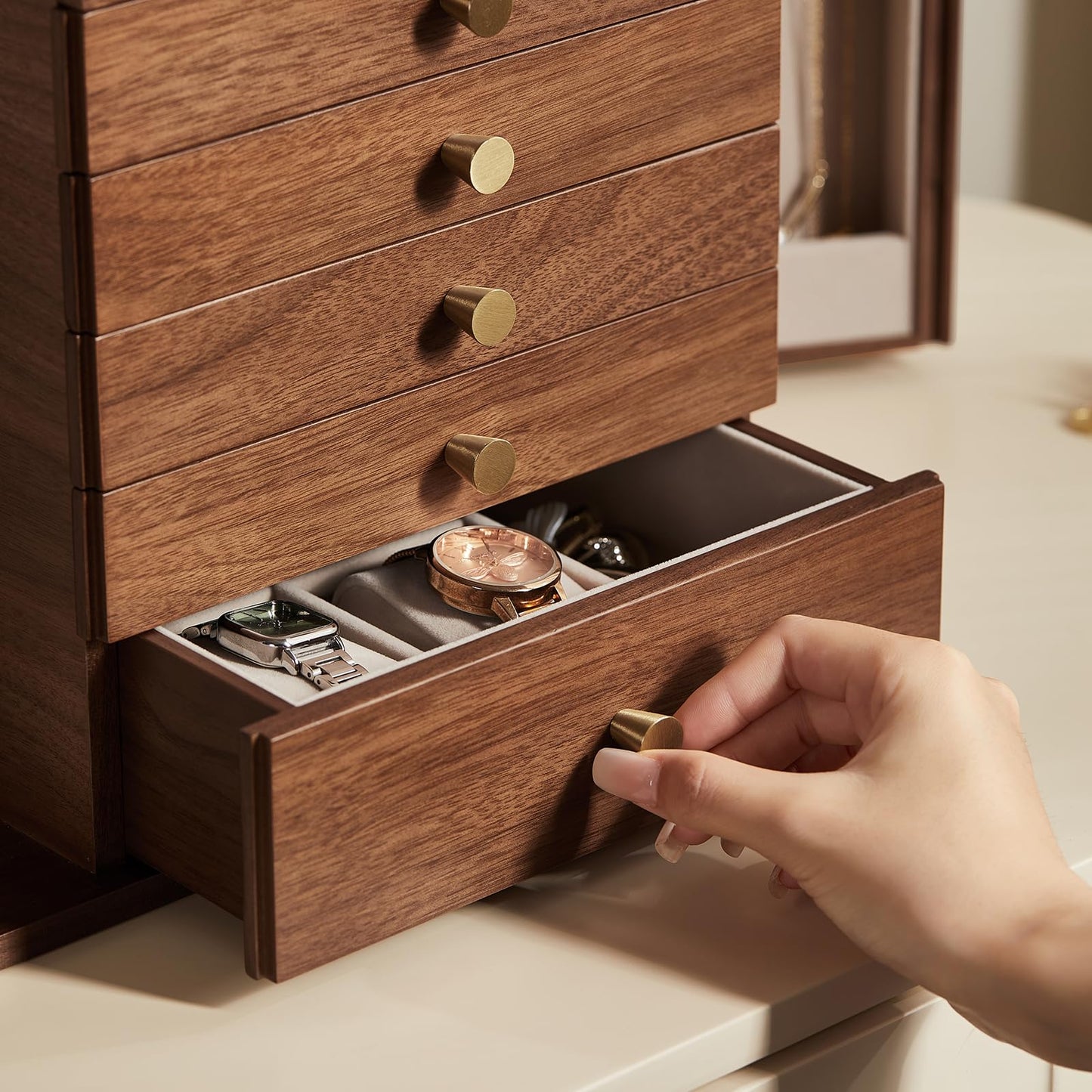 Homruilink Black Walnut Wooden Jewelry Box, Wood Jewelry Organizer with 2 Side Doors Mirror Lockable Classical Style for Watch Necklace Ring Earring Storage, Ideal Gift-6 Layer