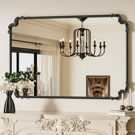 TETOTE Vintage Antique Black Rectangle Mirror for Mantle Fireplace 48 x 32 Traditional Baroque Ornate Scroll Wall Mirror with Metal Frame for Living Room Bedroom, Horizontal/Vertical