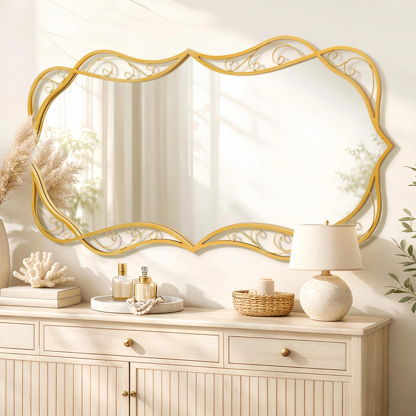 Besdomus Large Bathroom Gold Mirror: 30"x60" Scalloped Modern Long Full Length Vanity Wall Mirror - Farmhouse Decorative Vertical or Horizontal Hanging for Bathroom/Entryway/Fireplace/Bedroom