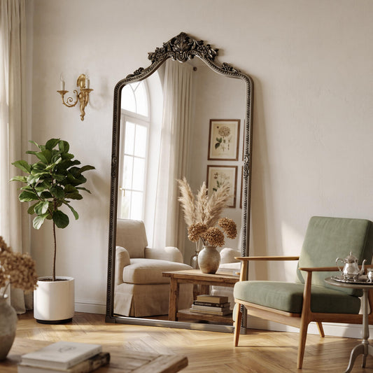 Riskioir Bronze Arched Full Length Mirror, 41"x81" Traditional Vintage Ornate Baroque Floor Mirror with Carved, Home Decor for Bedroom Living Room Entryway Hallway