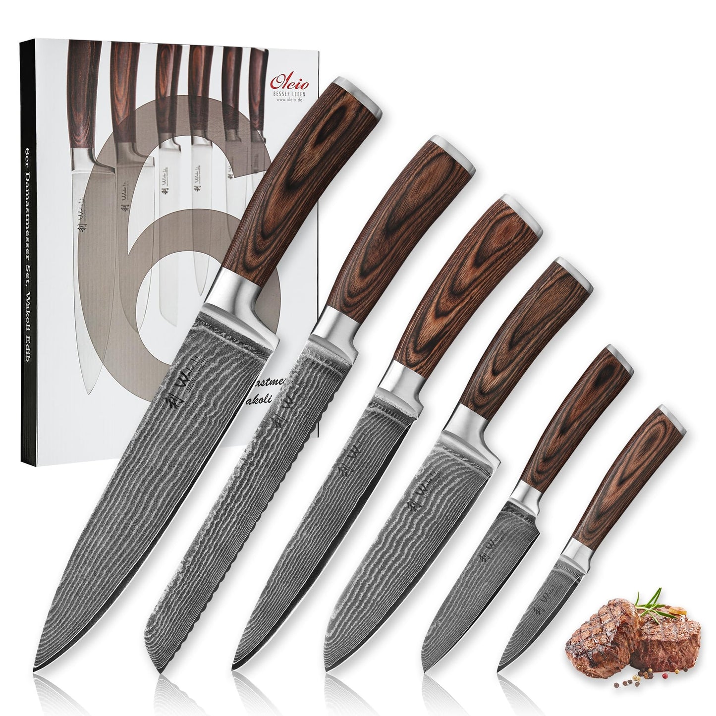 Wakoli EDIB 6-Piece Damascus Knife Set – Professional Chef Knives Set with VG10 Core Blades, 67-Layer Damascus Steel and Ergonomic Pakkawood Handles – Premium Kitchen Knives in Elegant Gift Box