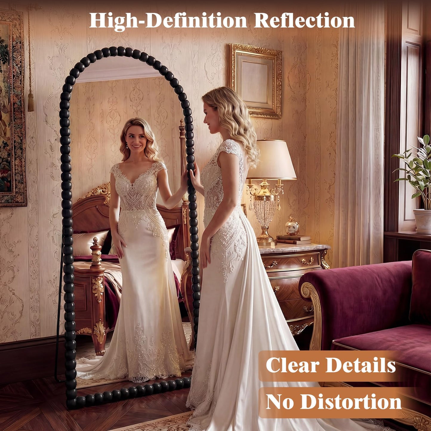 FlyEcho Arched Full Length Mirror, 71"x28" Antique Beaded Full Body Mirrors, Large Floor Mirror with Stand, Hanging Mounted for Bedroom Living Room Cloakroom Hallway Decor, PU Frame, Black