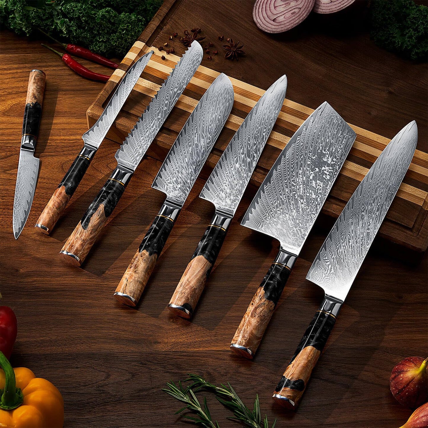 SENKEN 15-Piece Damascus Knife Block Set - Black Tsunami Collection - Japanese Chef Knife Set with 67-Layer Japanese VG10 Steel Blades (15-Piece Knife Block Set)