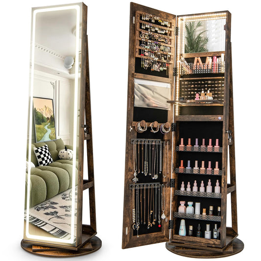 CHARMAID 360° Rotating Jewelry Armoire with LED Lighted Full Length Mirror & Built-in Vanity Mirror, Lockable Standing Jewelry Cabinet with Lights, Large Storage Organizer for Jewelry (Rustic Brown)