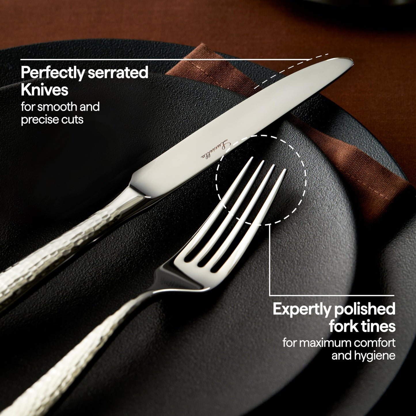 Luciella Ponza Flatware Set for 8, 45-Piece Stainless Steel Silverware Set with Serving Utensils, Timeless Hammered Design, Rust-Resistant, Mirror Polished & Dishwasher Safe, Mothers Day Gifts