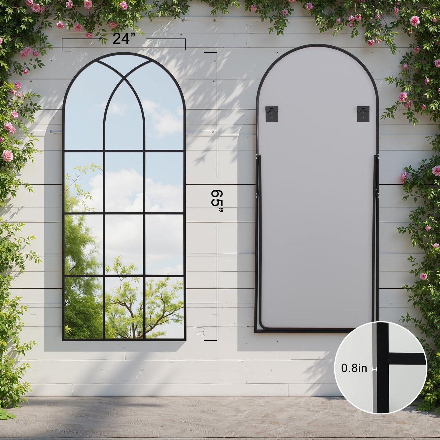 Arched Window pane Full Length Mirror 24"x65", Full Body Standing Mirror, Window Shaped Farmhouse Style with Aluminum Frame, Decor Wall Mirrors for Living Room, Courtyard, Bedroom, Entryway, Black