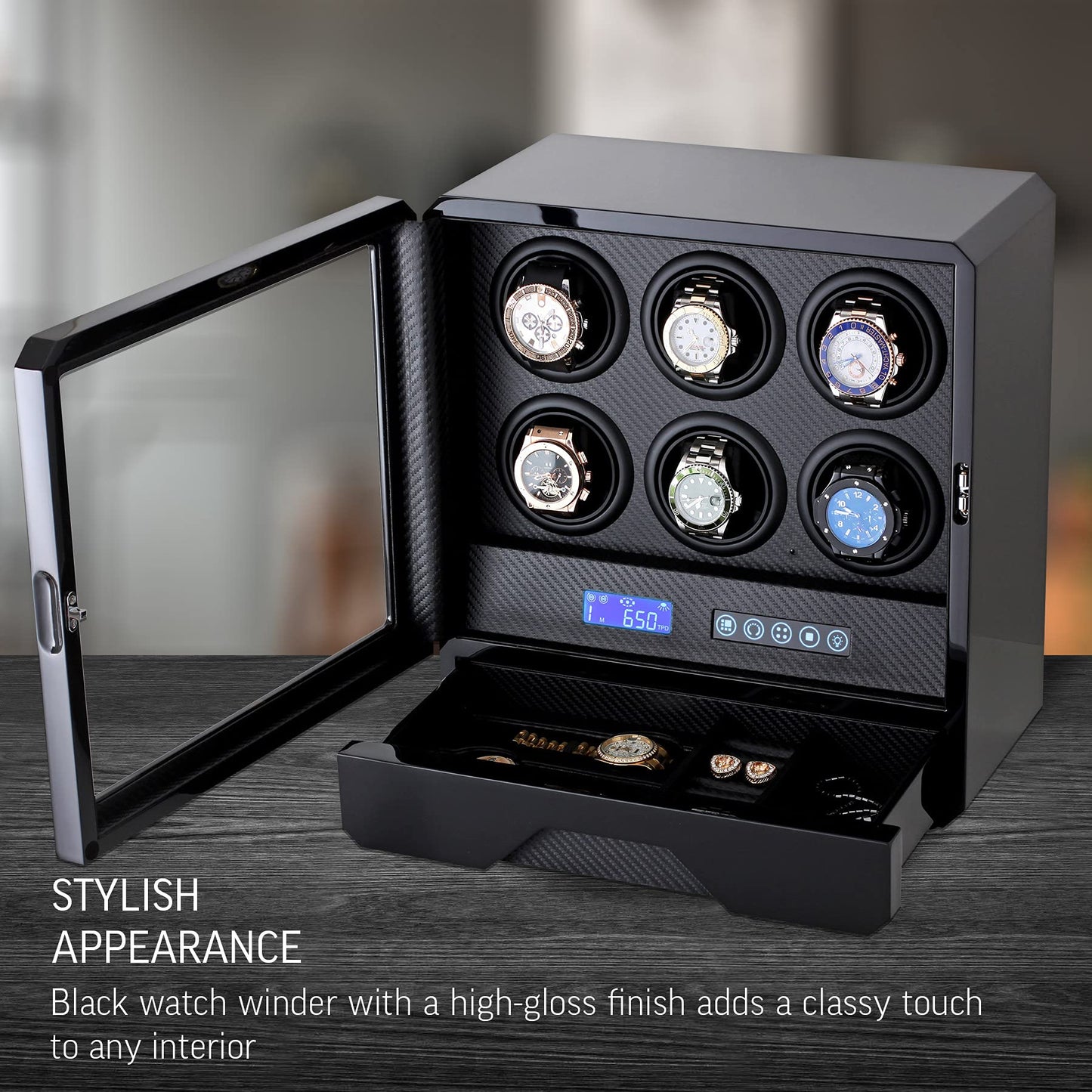 6 Watch Winder with LED Light, LCD Display and Storage Drawer