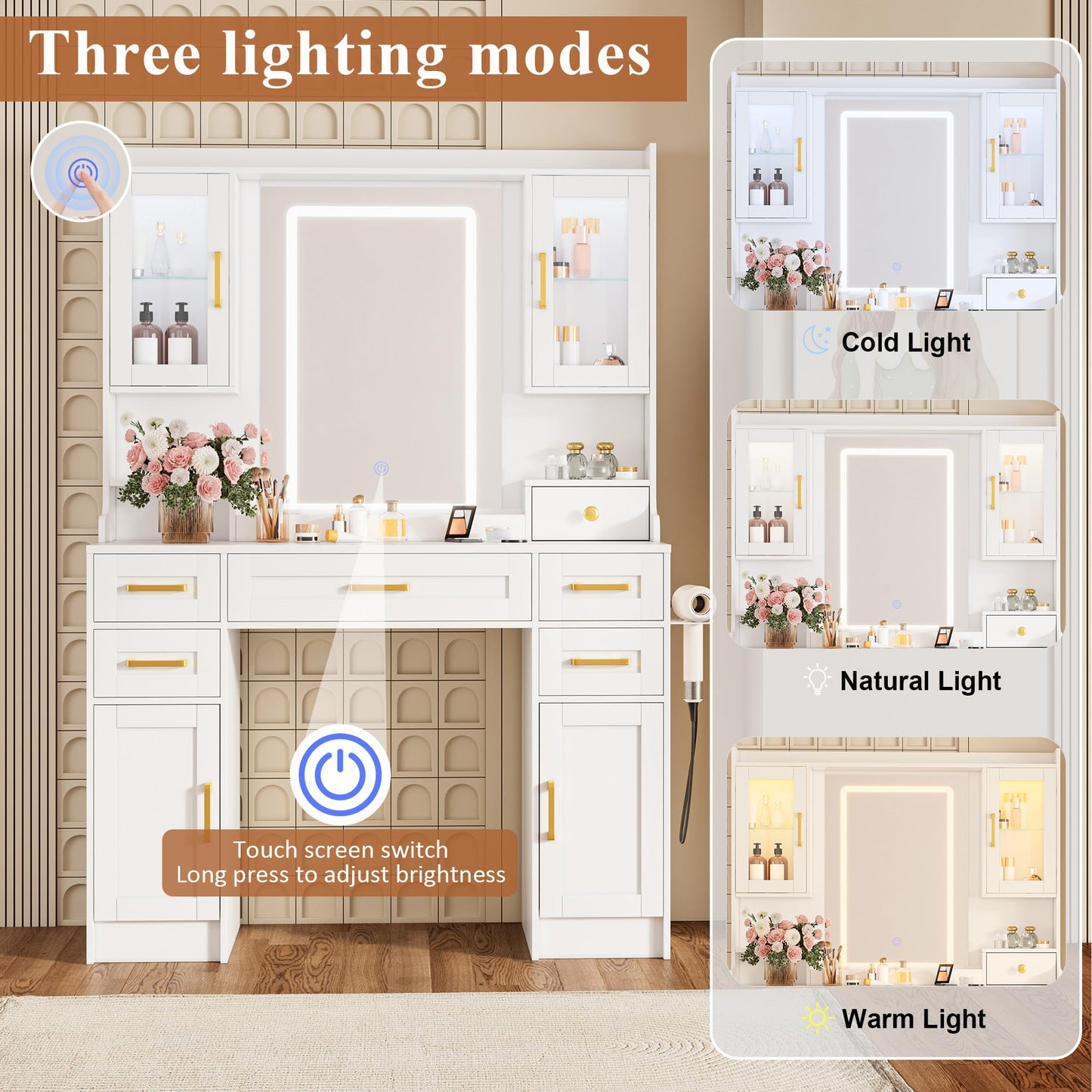 KAMABOKO Vanity Desk with Mirror and LED Lights & Power Outlet, Large Makeup Vanity Table with 5 Drawers and 4 Storage Cabinets, White Dressing Table for Bedroom