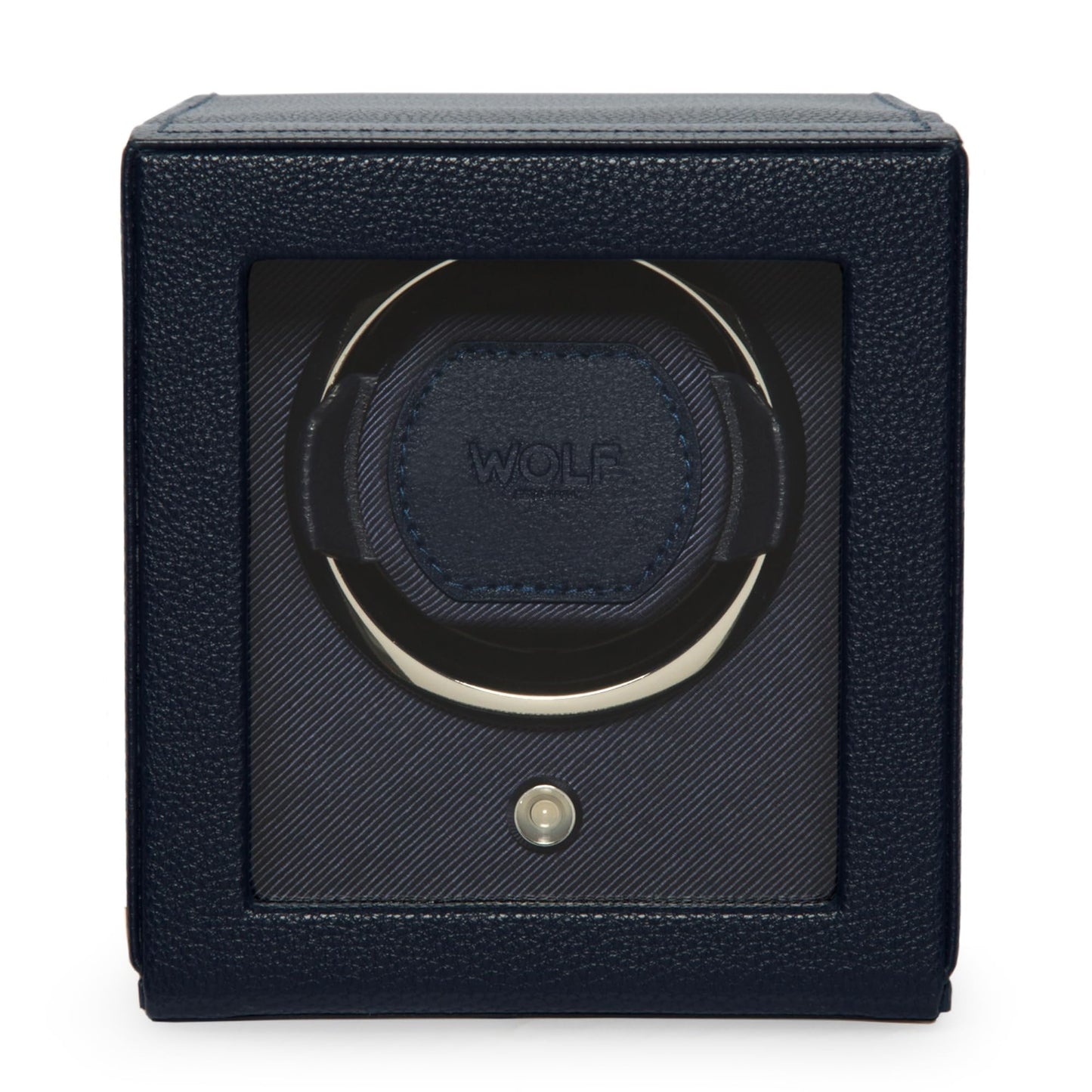 Wolf Cub Single Watch Winder with Glass Cover, Navy - Secure Fit with Patented Lock-in Dynamic Cuff - Accommodates All Wrist Sizes - Vegan Leather - Includes Universal Adapter