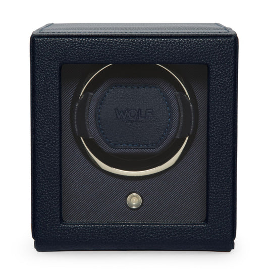 Wolf Cub Single Watch Winder with Glass Cover, Navy - Secure Fit with Patented Lock-in Dynamic Cuff - Accommodates All Wrist Sizes - Vegan Leather - Includes Universal Adapter