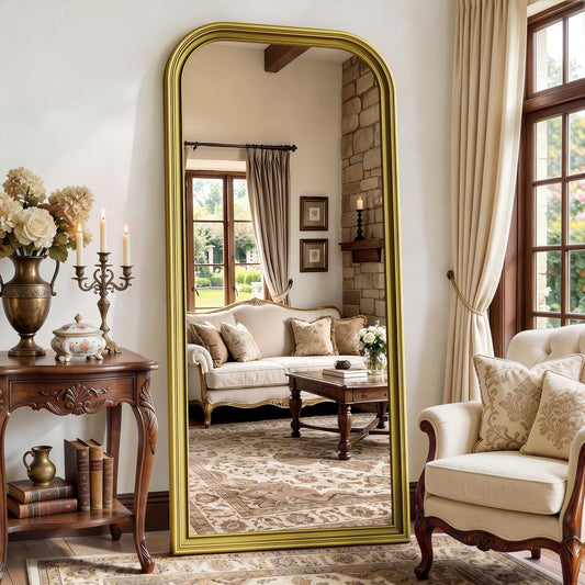 FlyEcho Full Length Mirror with Stand, 71"x32" Full Body Mirror, Floor Length Mirrors Wall Mounted with Rounded Top, Large Standing Mirrors, PU Frame, for Bedroom Living Room Cloakroom, Antique Gold