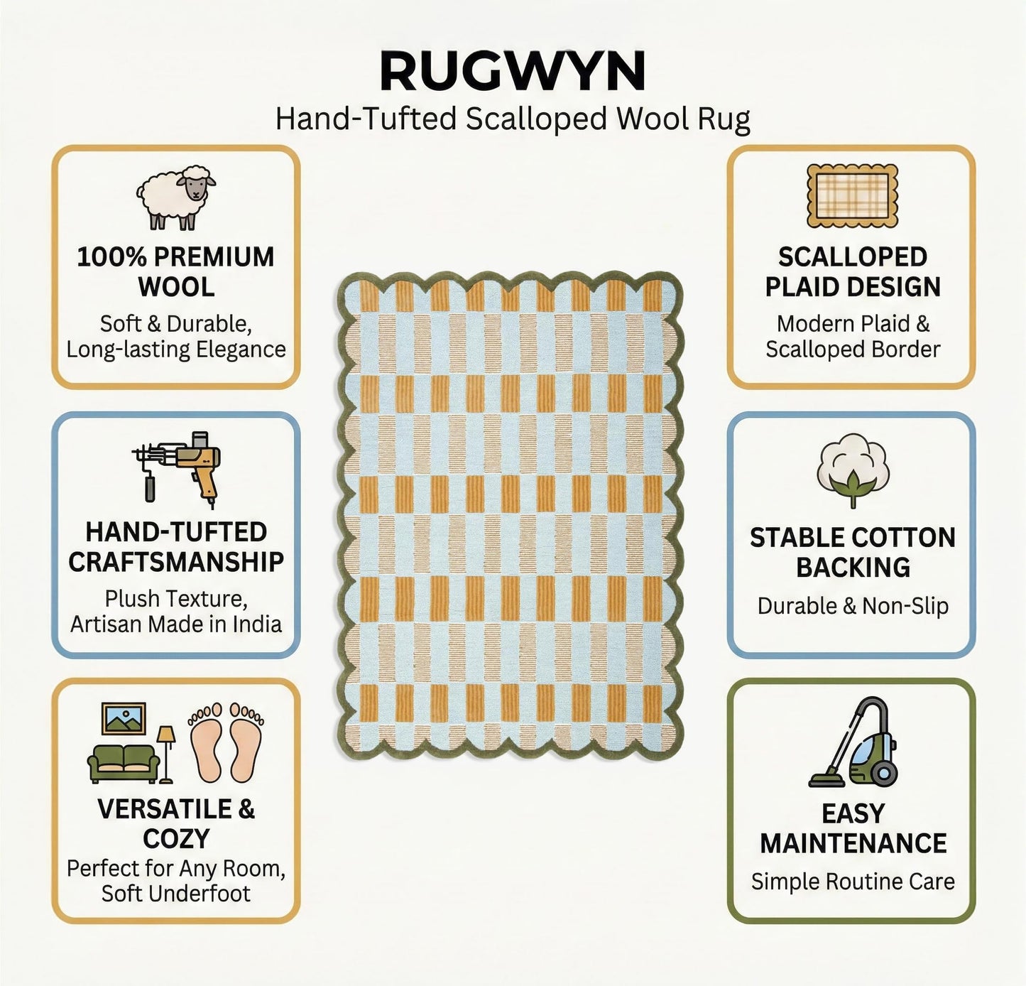 RUGWYN Hand-Tufted Scalloped Wool Area Rug, Modern Plaid Checkered Pattern, Soft & Durable Cozy Accent Rug for Living Room, Bedroom & Nursery, Handmade Decorative Floor Carpet (Light Blue, 8' x 10')