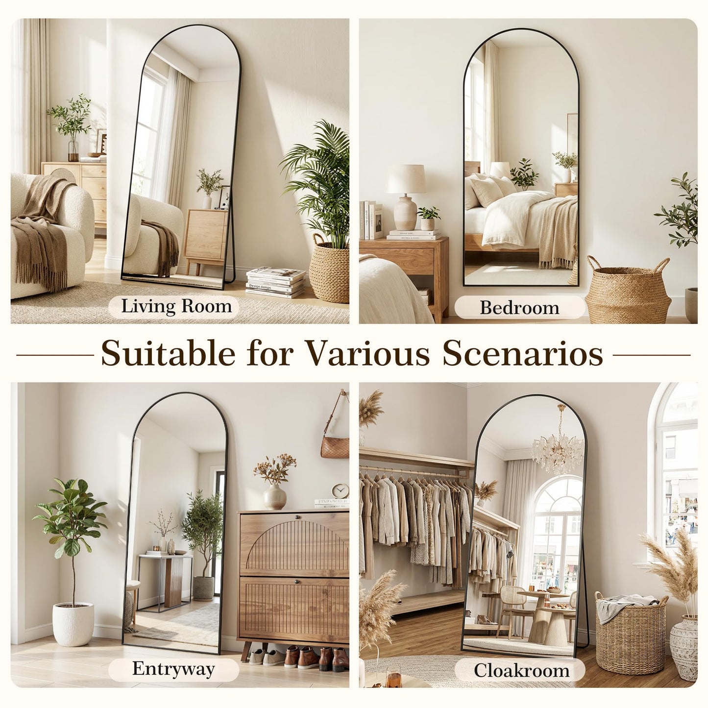Homsion 81"x41" Arched Full Length Mirror with Stand, Free Standing Leaning Wall Mounted Aluminum Alloy Frame Mirror for Bedroom Living Room Cloakroom, Black