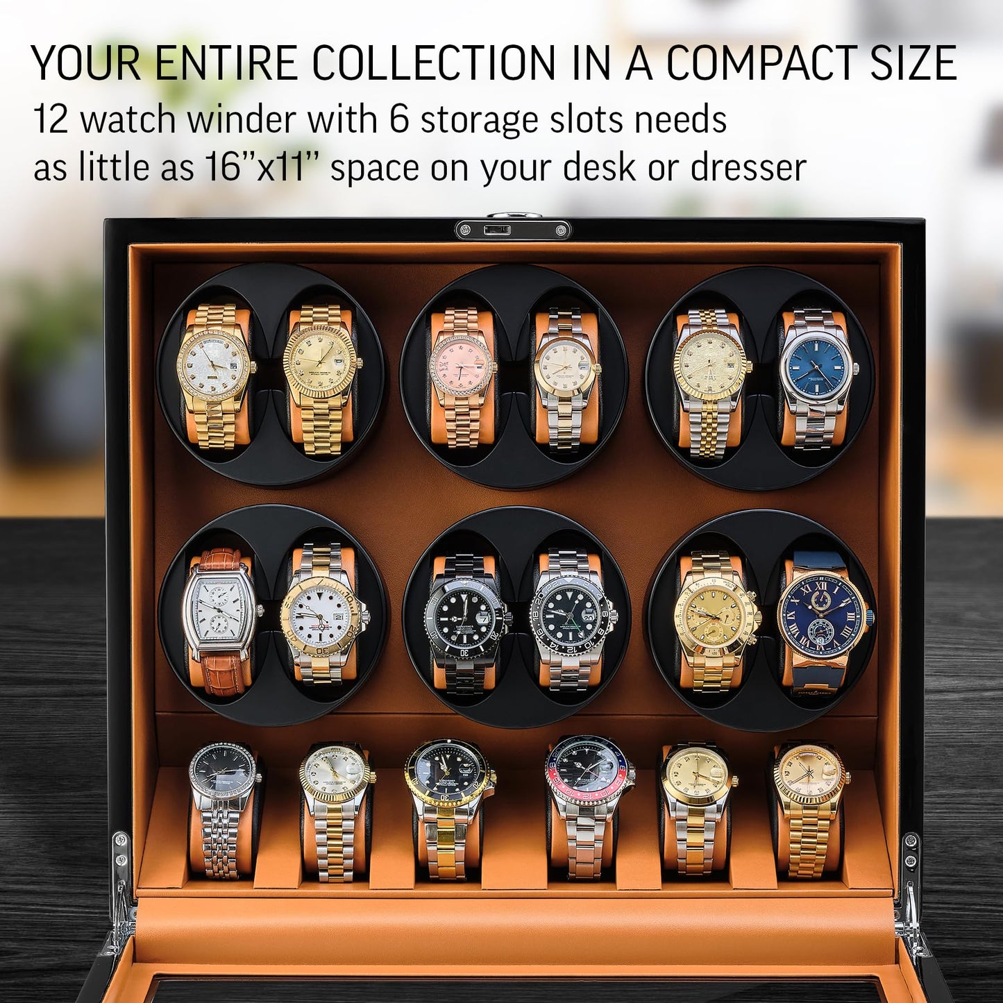 TIMECUBE 12 Watch Winder with 6 Storage Slots Watch Pad (Black+Brown)