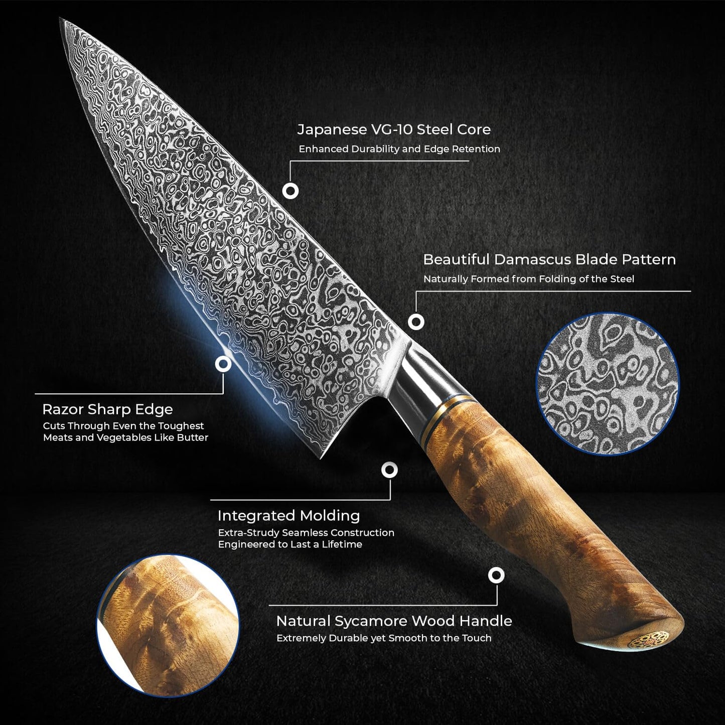 SENKEN 7-Piece Damascus Kitchen Knife Set - Dynasty Collection - 67-Layer Japanese VG10 Steel with Sycamore Wood Handles, Chef's Knife, Cleaver, Bread, Santoku, Boning, & More