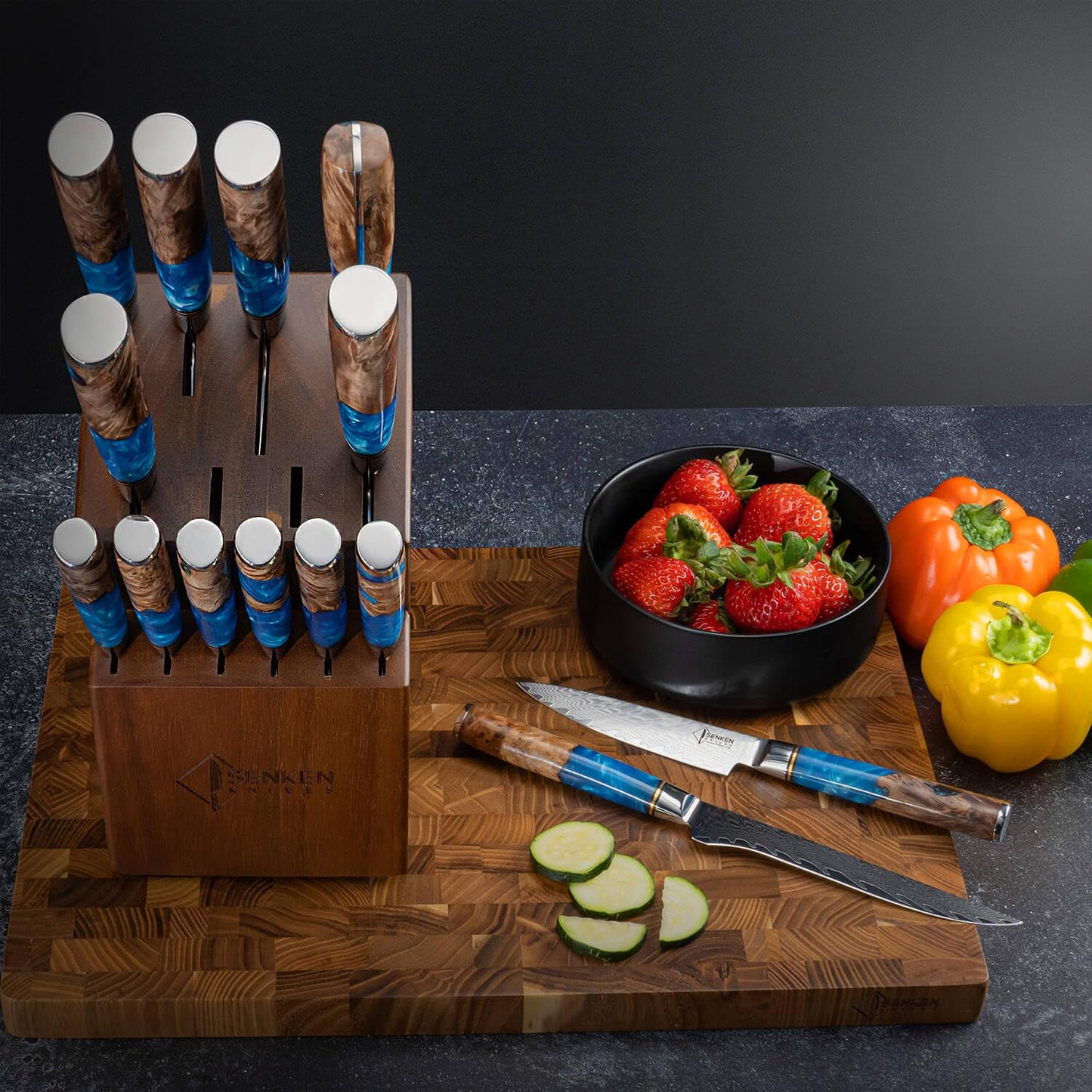 SENKEN 15-Piece Damascus Knife Block Set - "Tsunami" Collection Japanese Chef Knife Set - 67-Layer Japanese VG10 Steel Blades, Includes Chef Knife, Cleaver, 6 Steak Knives (Blue)
