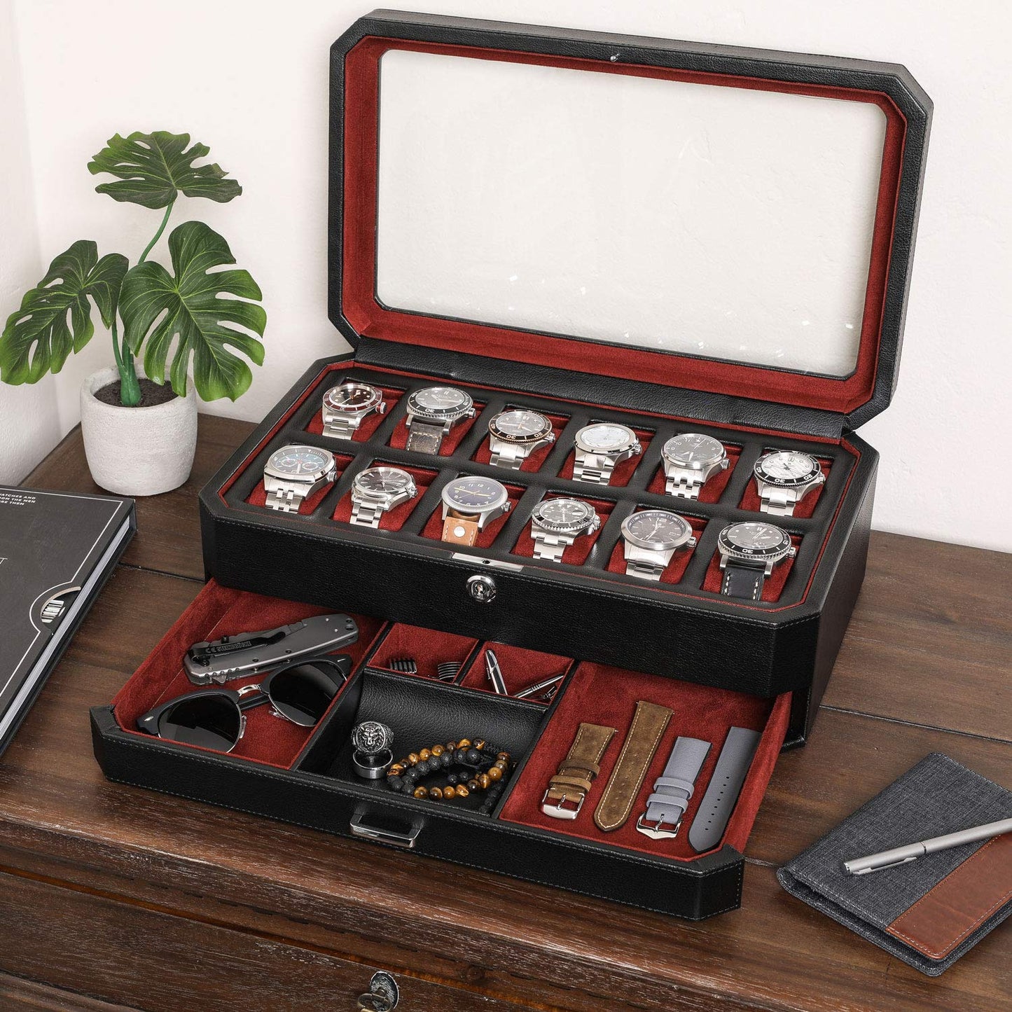 Gift Set 12 Slot Leather Watch Box with Valet Drawer & Matching Double Watch Winder - Luxury Case Display Organizer, Locking Mens Jewelry Watches Holder, Men's Storage Boxes Glass Top Black/Red