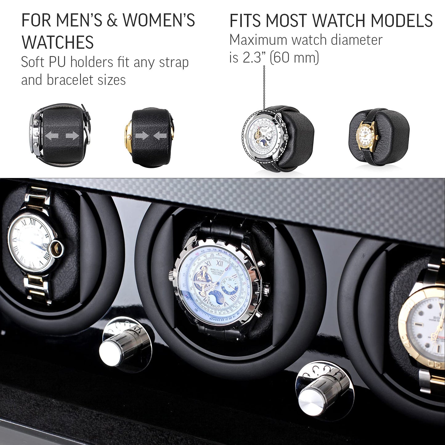 Watch Winder and Storage box for winding 3 Automatic Watches and 12 Watch Storage Space (Carbon + Black)