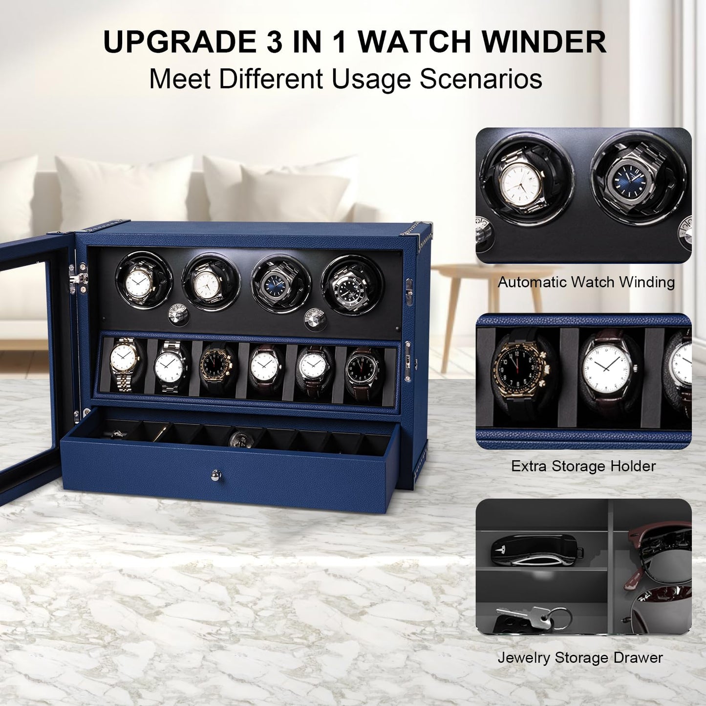 DUKWIN Watch Winder for Automatic Watches, Lockable Winders with Watch & Jewelry Storage, Super Quiet Motor with High-Gloss Finish, Built-in Illumination, Blue