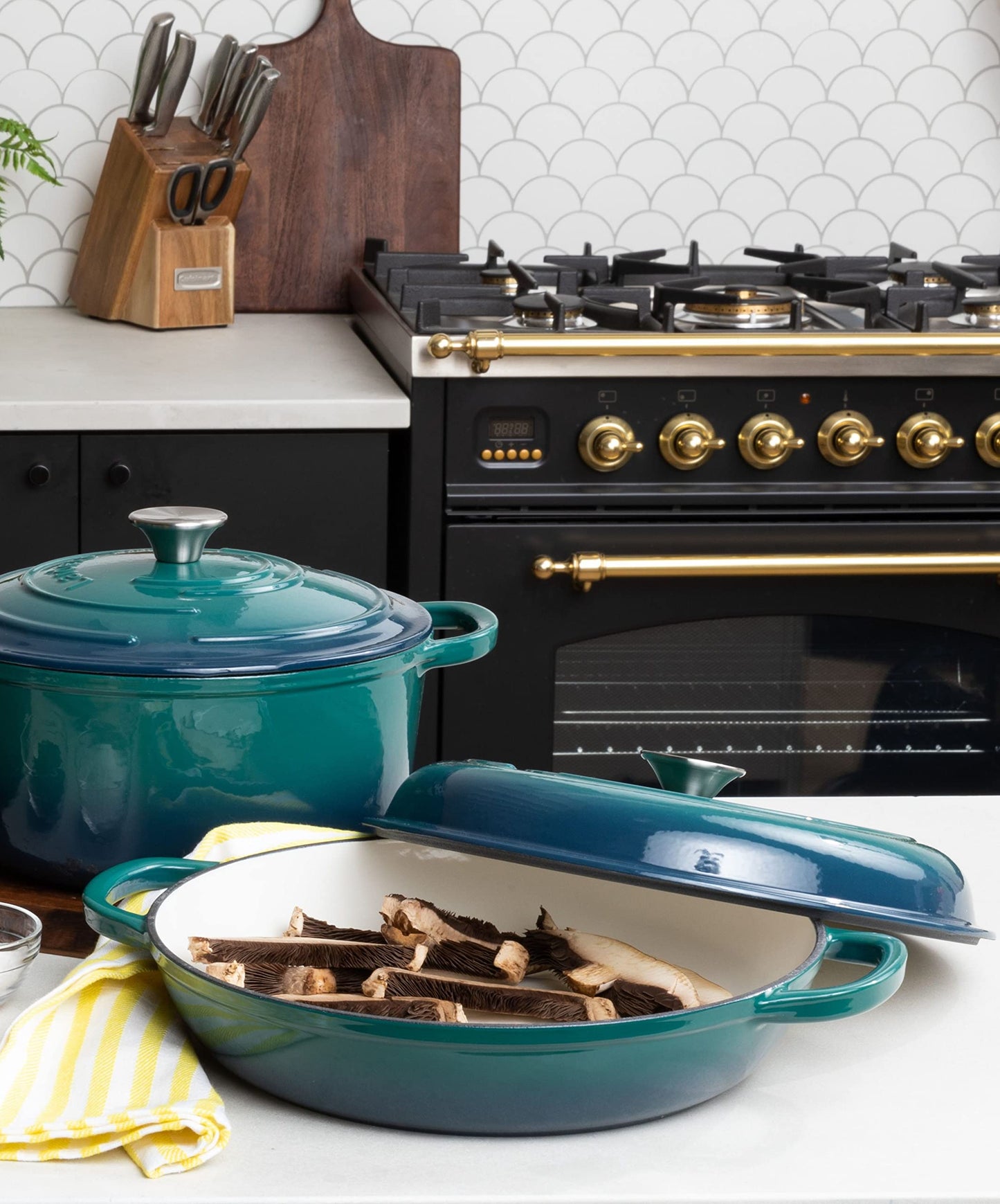 Larder & Vine 6-Piece Enameled Cast Iron Pan Cookware Sets, Includes 8 Quart and 5.7 Quart Dutch Oven with Lids, Braiser/Crock Pot with Lid (Bondi)