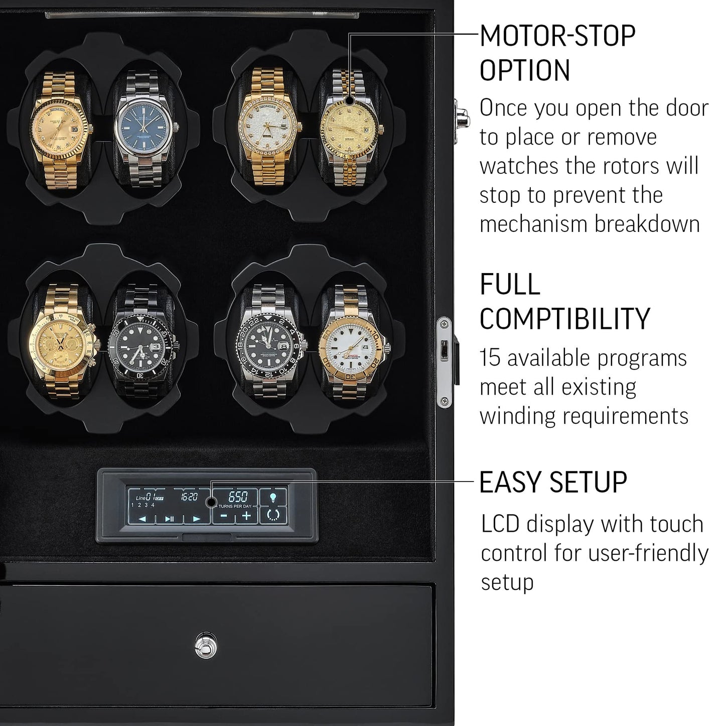 8 Watch Winder with LED Backlight and 5 Watch Storage Drawer