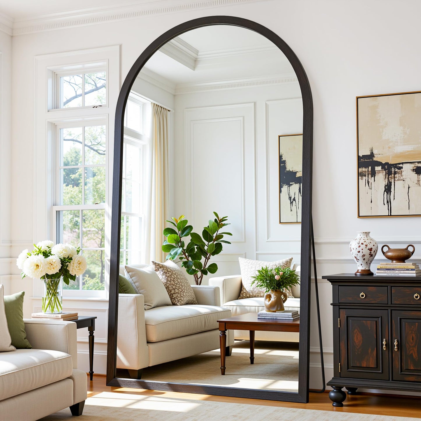 Full Length Mirror 82"×44" Floor Mirror Standing Tall Mirror, Arched Stand up Large Wall Mirrors, Freestanding Full Body Mirrors for Bedroom Living Room Wood Antique Style Black