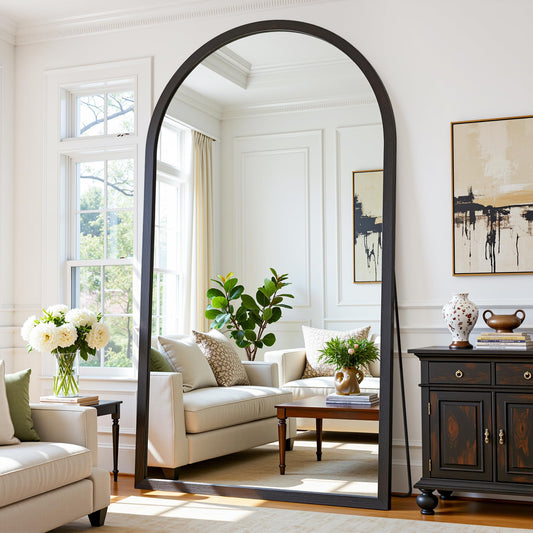 Full Length Mirror 82"×44" Floor Mirror Standing Tall Mirror, Arched Stand up Large Wall Mirrors, Freestanding Full Body Mirrors for Bedroom Living Room Wood Antique Style Black