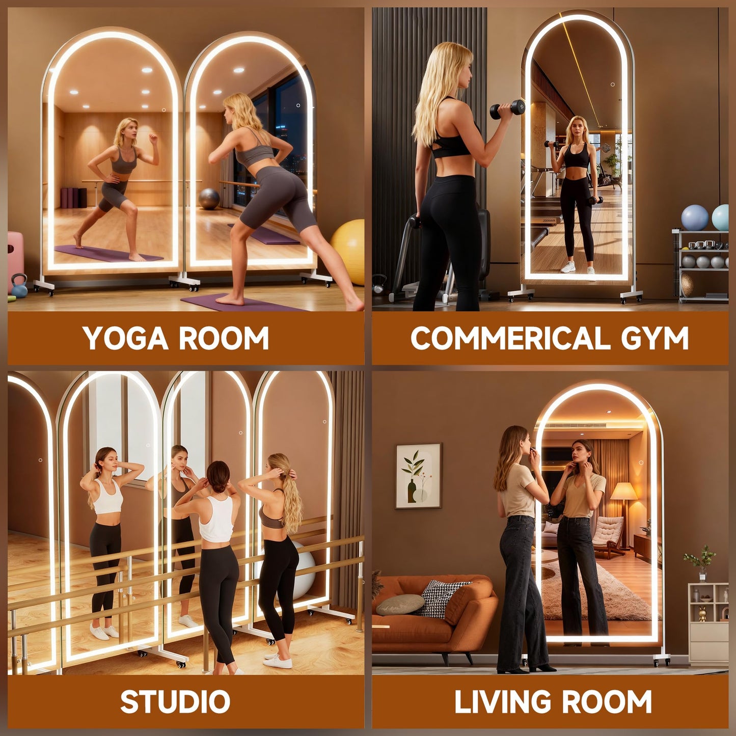 Hasipu 67" x 40" Arched LED Rolling Gym Mirror with Wheels, Dimmable Lighted Body Mirror with 3 Color Temperatures & Adjustable Brightness for Bedroom, Yoga Studio & Home Gym