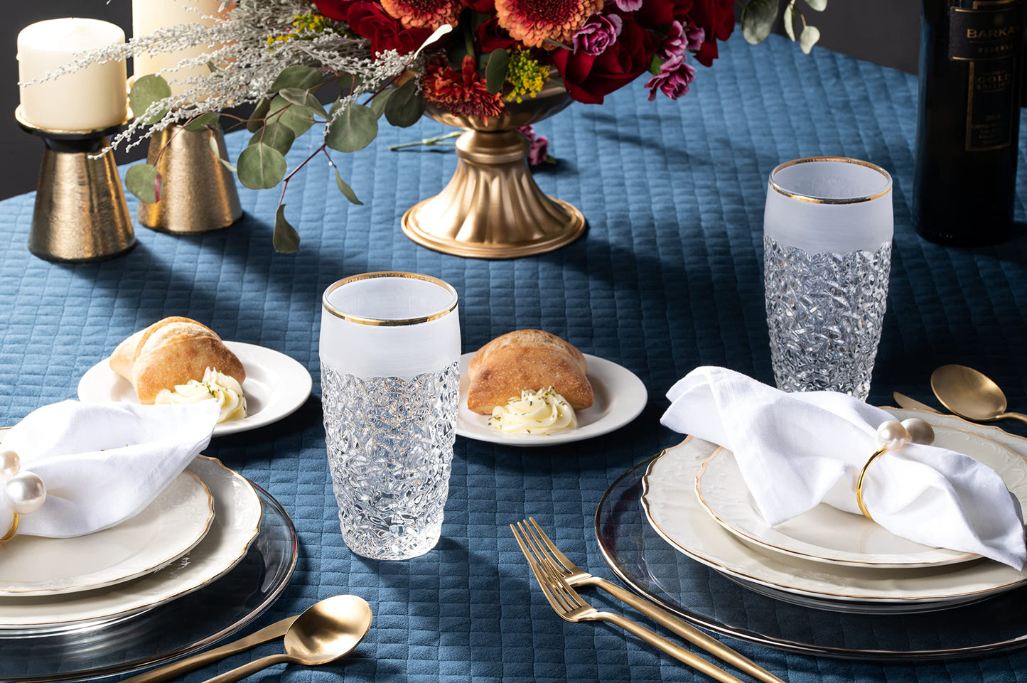 Barski - European Quality Glass - Crystal - Set of 6 - Highball - Hiball Tumblers - 16 oz. - Raindrop Design with Frosted Border and Gold Rim on Tumbler - Glasses are Made in Europe