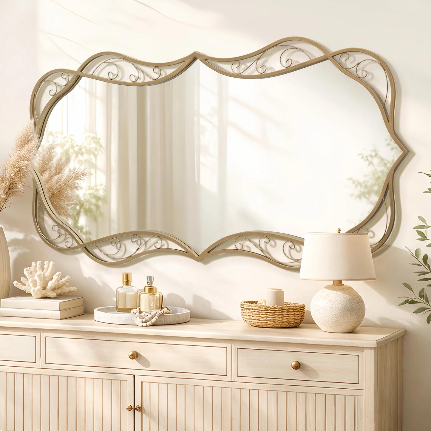 Besdomus Large Gold Bathroom Mirror: 30"x60" Scalloped Modern Long Full Length Vanity Wall Mirror - Farmhouse Decorative Vertical or Horizontal Hanging for Living Room/Entryway/Bathroom/Bedroom