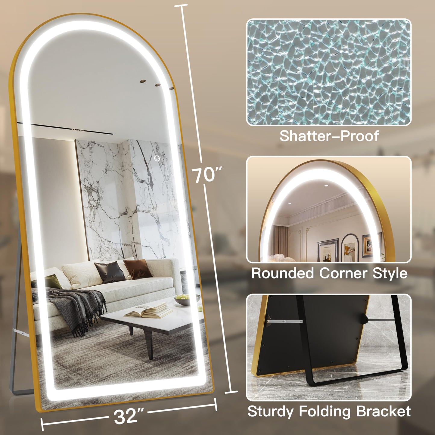 FENNIO 70" x 32" LED Full Body Mirror, Arched Wall Mounted Hanging Mirror with Lights for Bedroom, Salon, 3 Color Lighting, Tempered Glass, Brushed Aluminum Frame