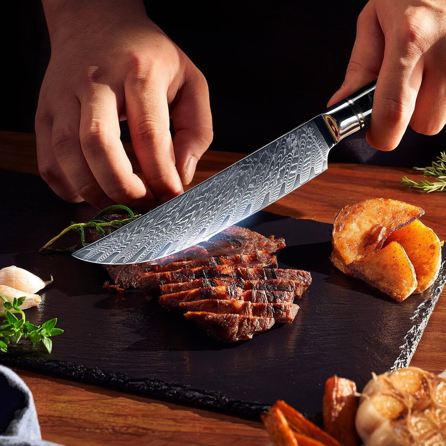 SENKEN 15-Piece Damascus Knife Block Set - Black Tsunami Collection - Japanese Chef Knife Set with 67-Layer Japanese VG10 Steel Blades (15-Piece Knife Block Set)