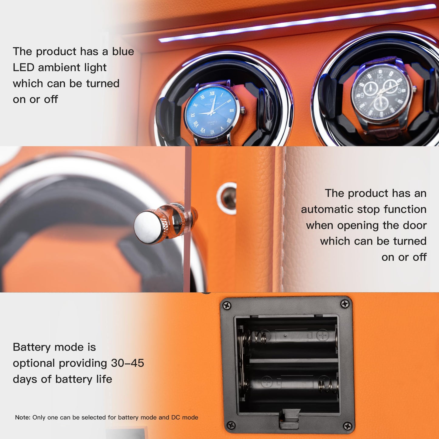 KOHUDIS Watch Winder for 2/4/6/9 Automatic Watches, high-end Leather Making, Super Quiet Mabuchi Motor, Two Power Modes, Built-in led Lights (Black, 4 Slots)