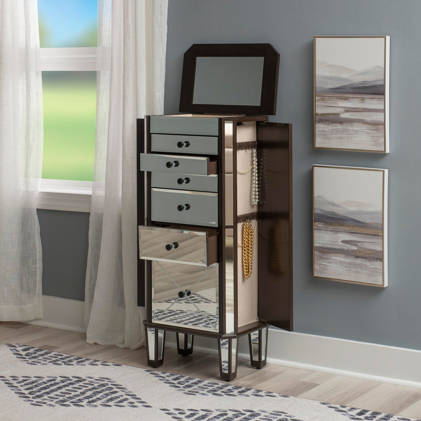 Powell Elsie Dark Espresso Wooden Jewelry Armoire with Mirrored Front