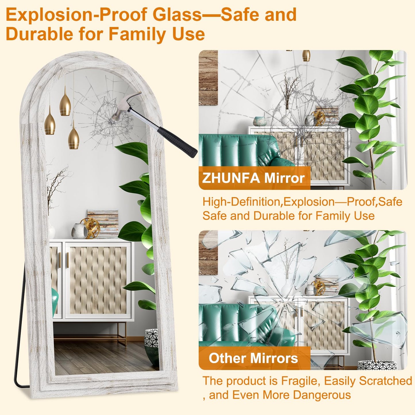 ZHUNFA External Three-Layer Arched Full Length Mirror with Solid Wood Frame,71x32 Modern Farmhouse Decor Standing Mirror Full Length,Wall Mounted,Leaning,Standing for Bedroom,Living Room,White.