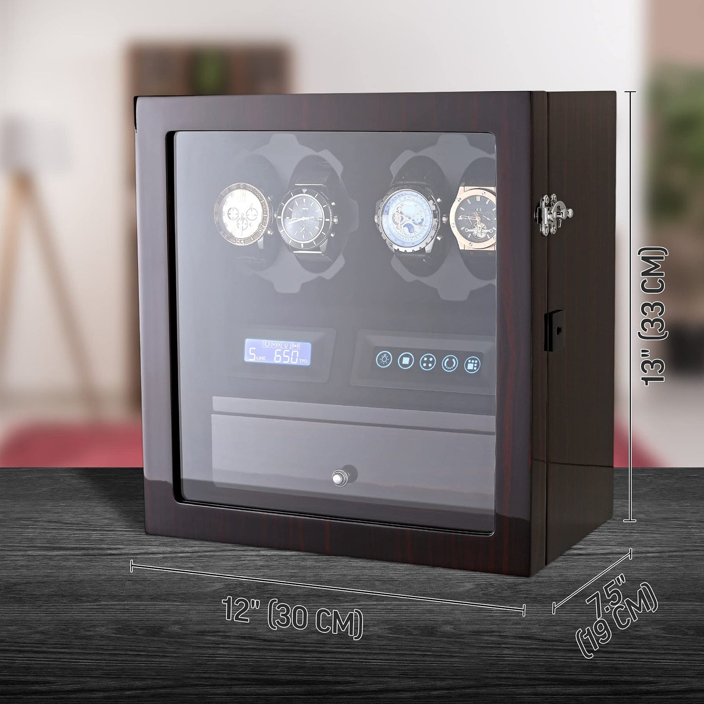 4 Watch Winder with 5 Watch Storage Space, LCD Display, Touch Control and Interior Light (Ebony + Black Velvet)