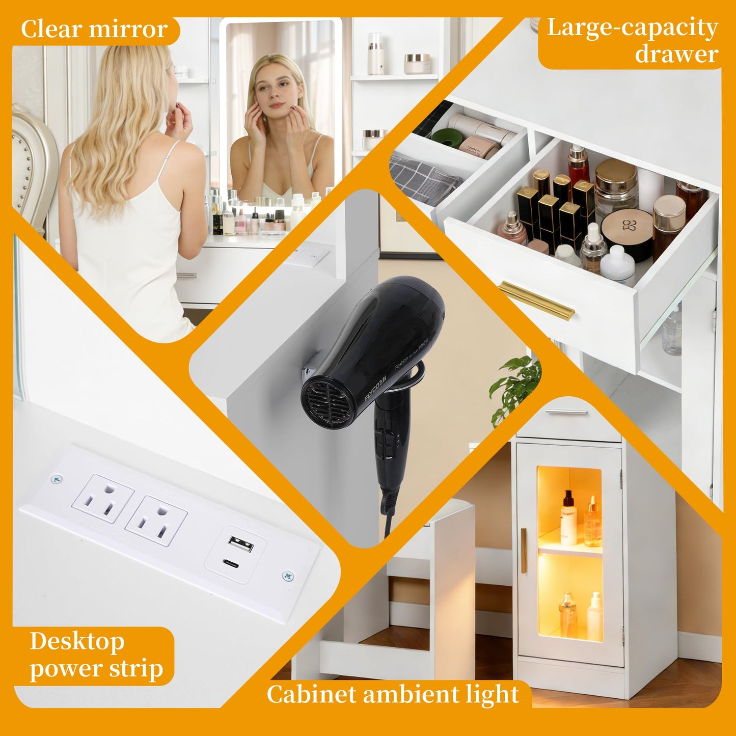 Ntufrest White LED Vanity Table with Three-Color Adjustable Light HD Mirror, USB Charging Port,Leather Stool, Double-Layer Acrylic Cabinet with Ambient Lighting,and Makeup Table with Drawer Storage