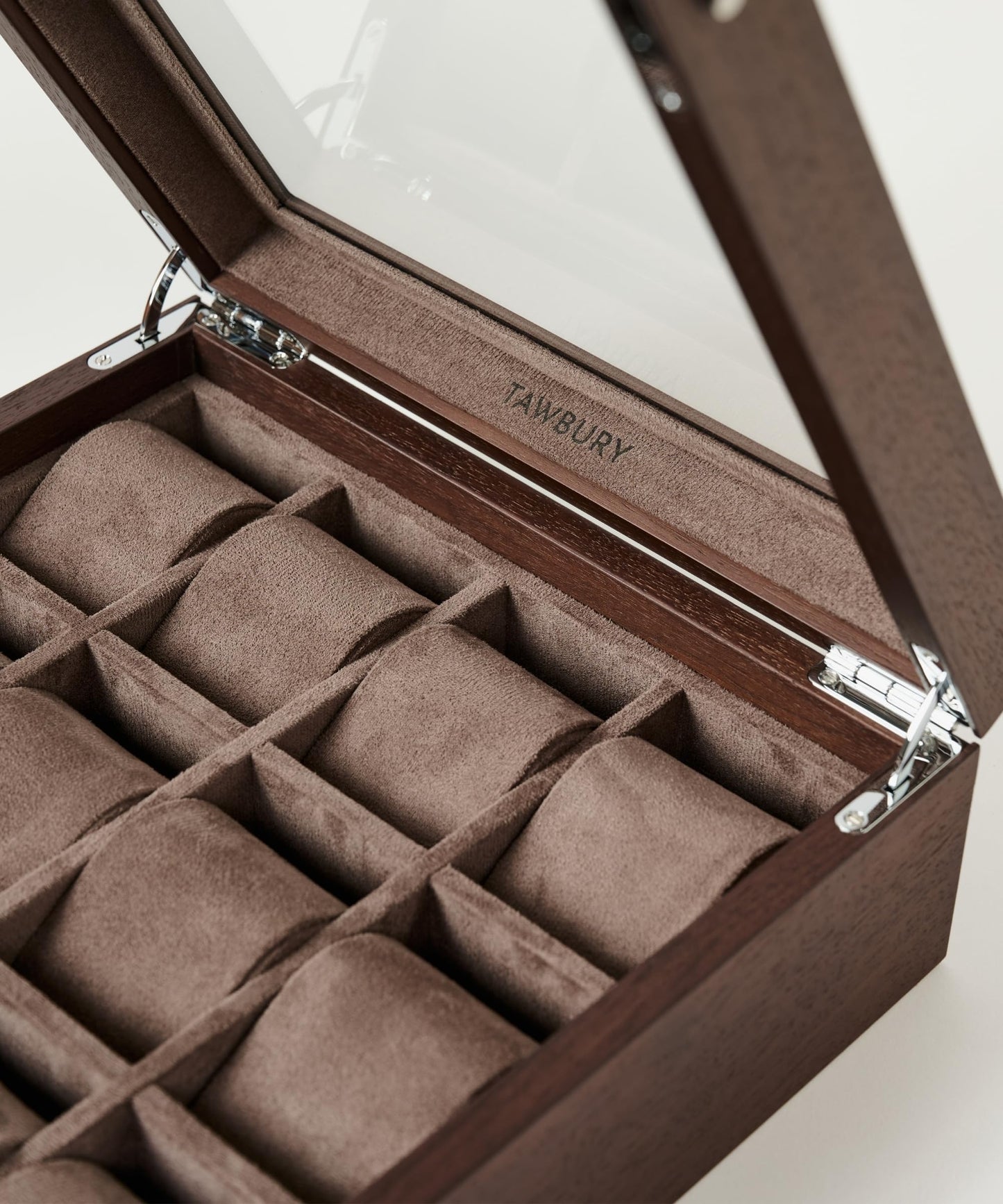 TAWBURY Wooden Watch Case - 12 Slot Wood Watch Box for Men & Women with Glass Display, Protective Fully Lined Interior and 2-inch Wide Pillows for Small & Large Watches (Dark Walnut)