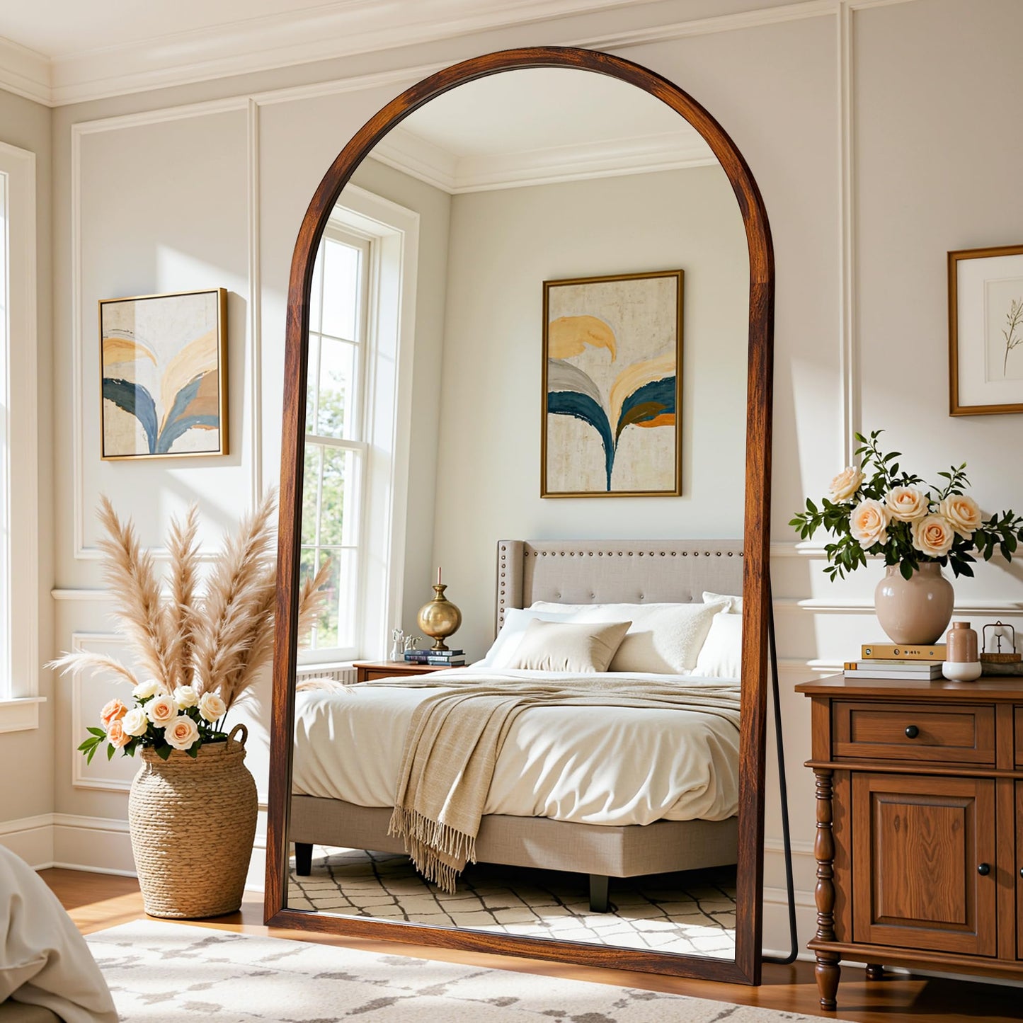 Full Length Mirror 82"×44" Floor Mirror Standing Tall Mirror, Arched Stand up Large Wall Mirrors, Freestanding Full Body Mirrors for Bedroom Living Room Wood Antique Style Walnut