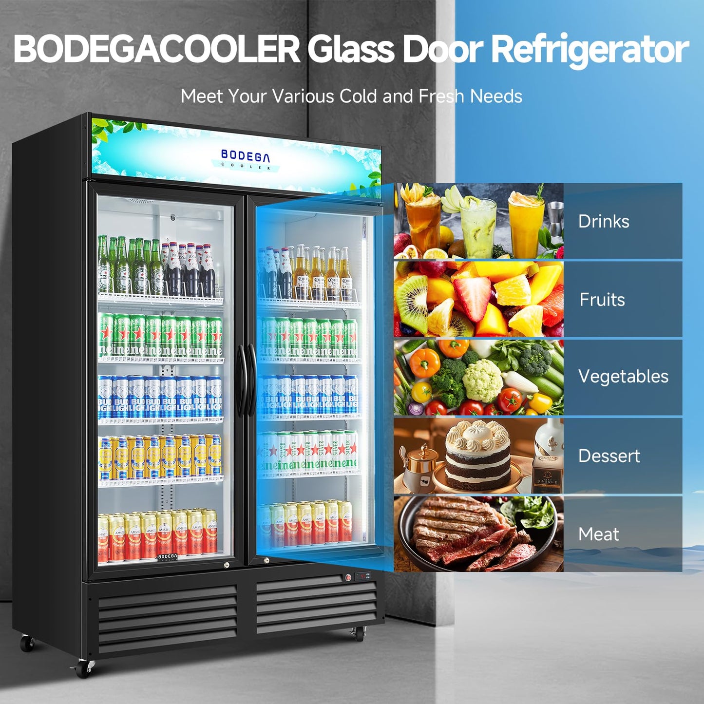BODEGACOOLER Commercial Merchandiser Refrigerator, 40 Cu.Ft Double Glass Door Beverage Cooler, Upright Display Refrigerator with Soft LED Light, Adjustable Shelves, 4 Heavy-Duty Casters, Black