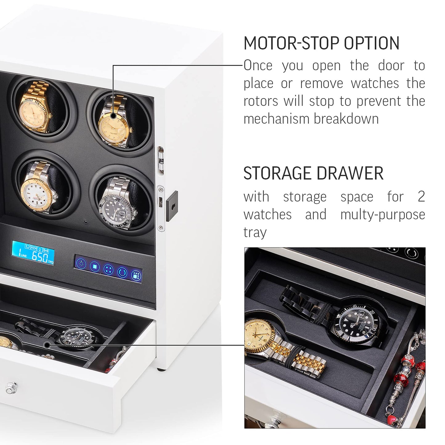 Automatic Watch Winder with LED Light, Storage Drawer and LCD Touchscreen Control (White)