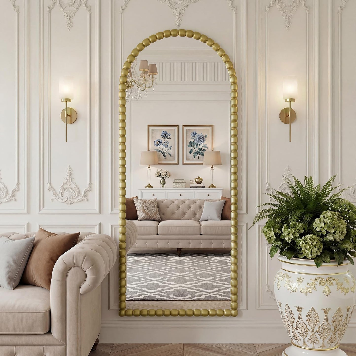 FlyEcho Arched Full Length Mirror, 71"x28" Antique Beaded Full Body Mirrors, Large Floor Mirror with Stand, Hanging Mounted for Bedroom Living Room Cloakroom Hallway Decor, PU Frame, Gold