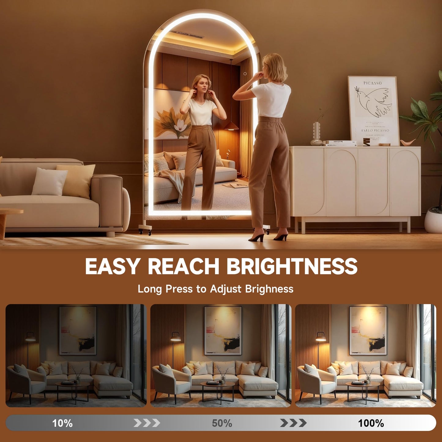 Hasipu 67" x 40" Arched LED Rolling Gym Mirror with Wheels, Dimmable Lighted Body Mirror with 3 Color Temperatures & Adjustable Brightness for Bedroom, Yoga Studio & Home Gym